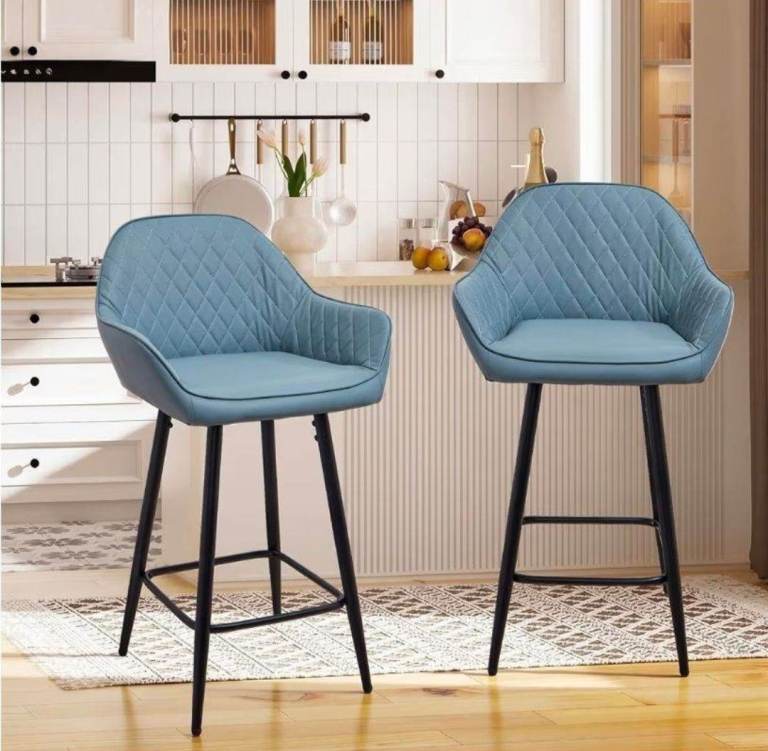 Set Of 2 Kitchen Stools,Home Breakfast Stools Cafe Chairs Mid-Back Fixed Metal Legs (Light Blue)  