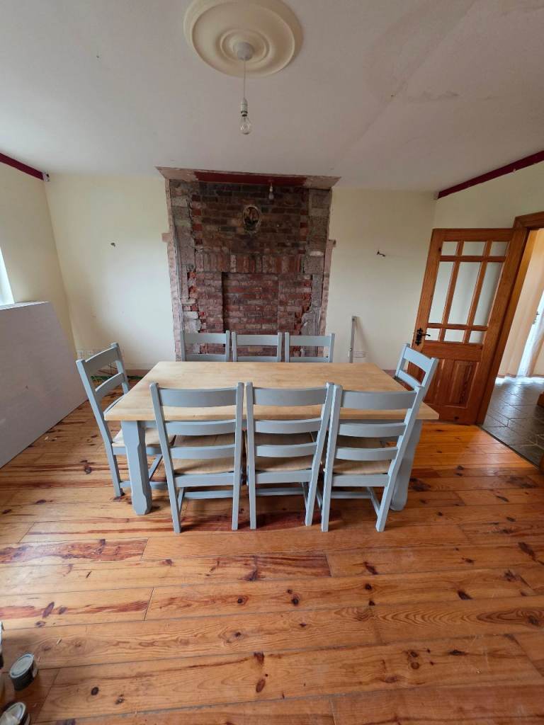 Good Condition Wooden Dining Table and 6 Grey Chairs Set