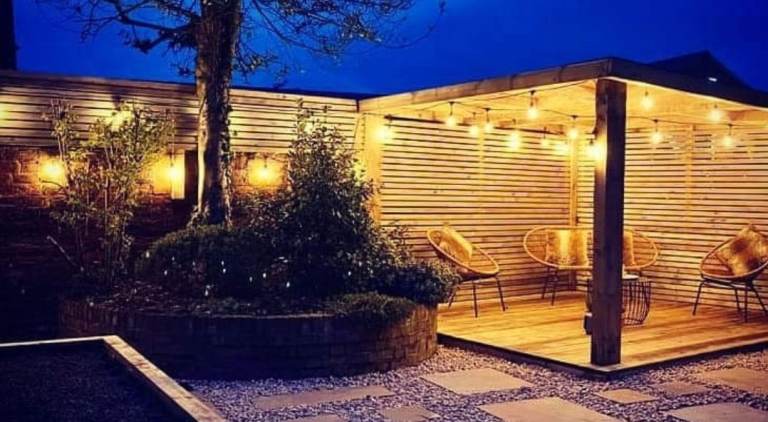 Wooden Garden Pergola with String Lights – Good Condition