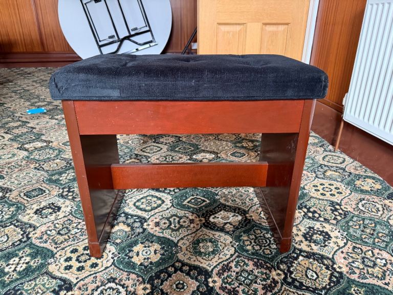 Wooden Piano Stool with Storage – Black Padded Seat