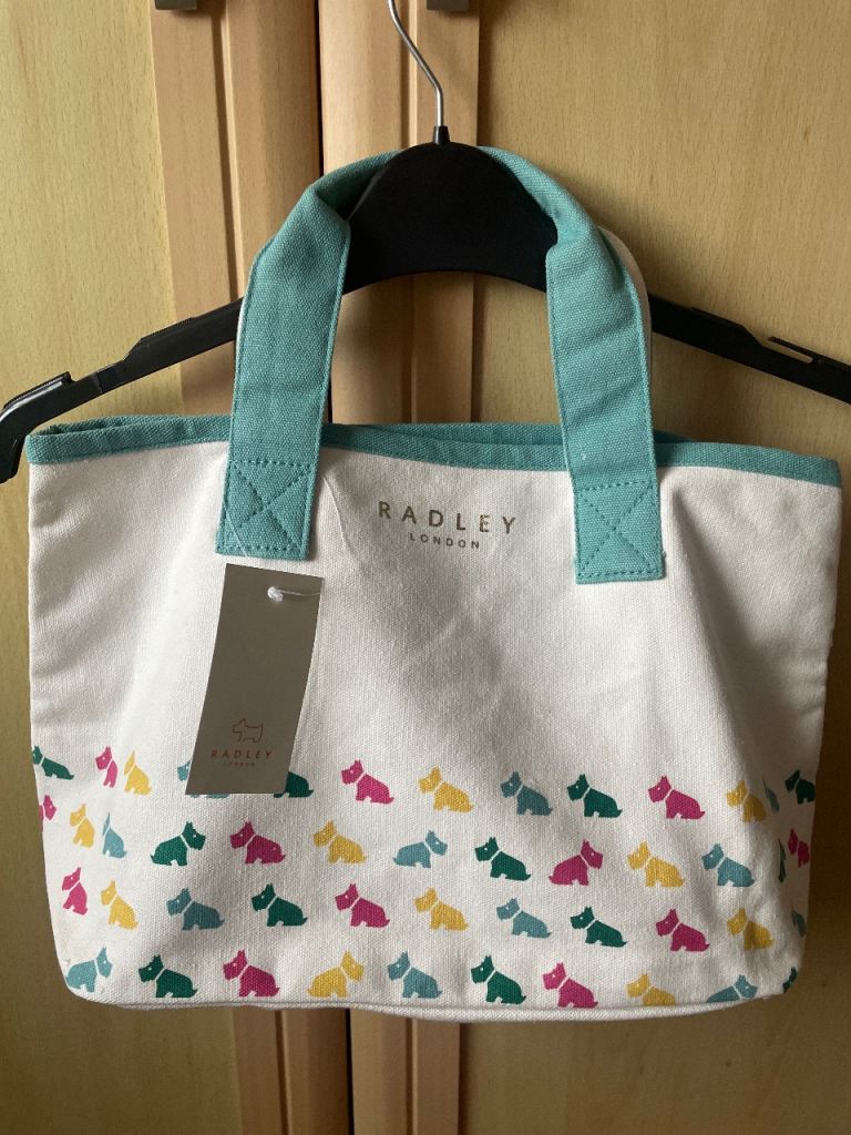 Radley London White & Teal grab/lunch Bag with Dog Print – Brand New