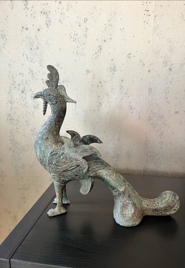 Antique Old Dynasty Bronze Gold/Green Phoenix Statue