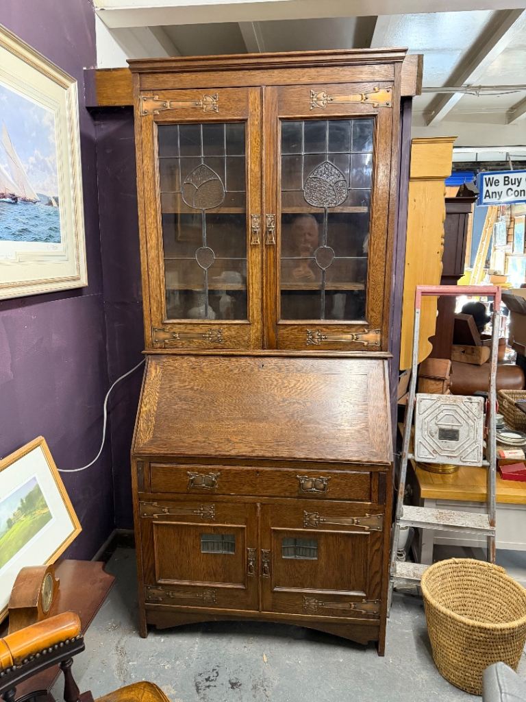 Arts & Crafts Oak Bureau Bookcase – Leaded Glass – Believed to be Liberty & Co – c.1900