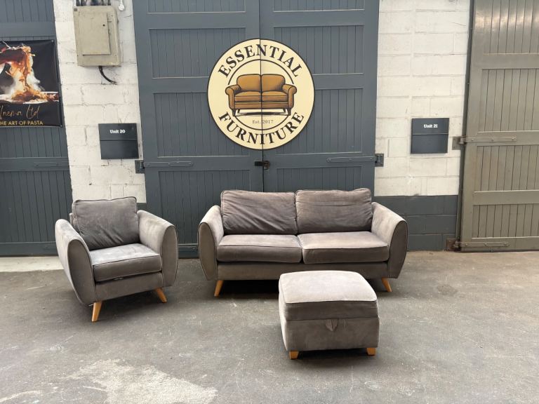 Grey velvet 3 piece sofa set with storage stool, FREE DELIVERY 
