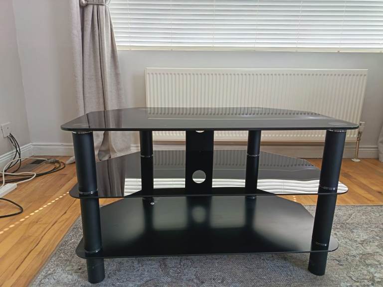 Black Glass TV Stand with Two Shelves – Good Condition