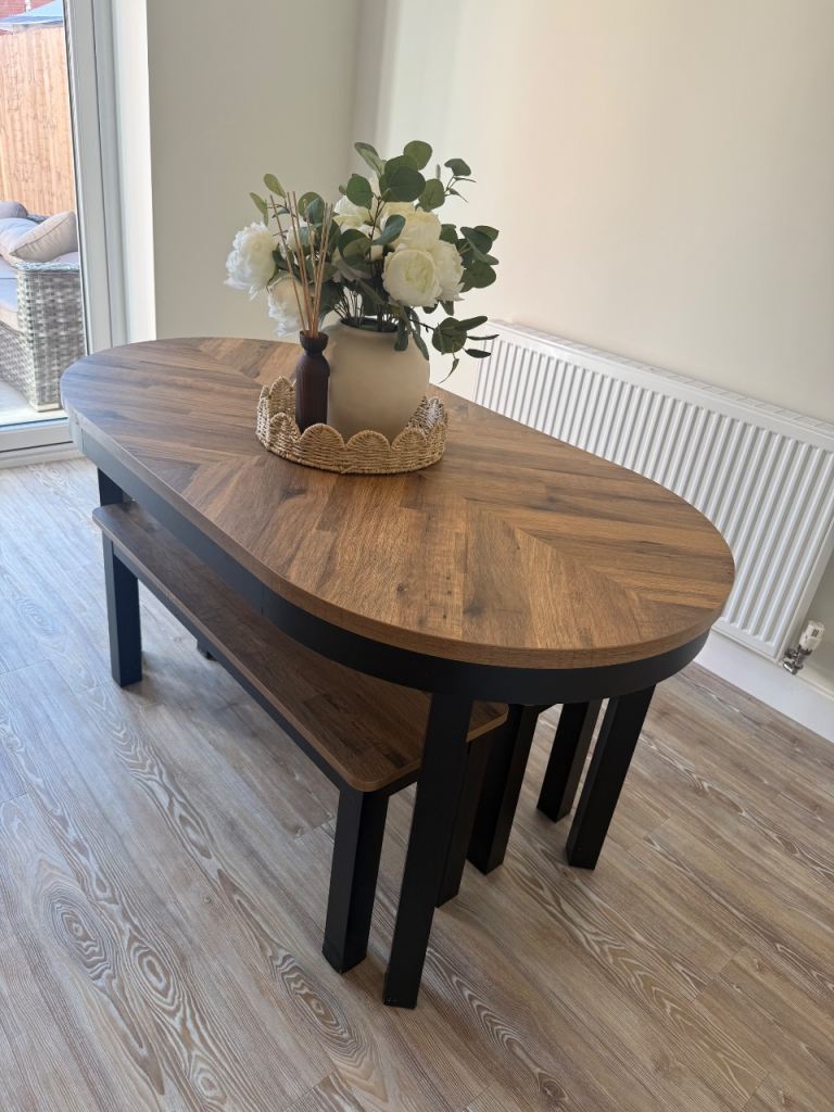 Dark Bronx Oak Effect 6 Seater Dining Table and Bench Set