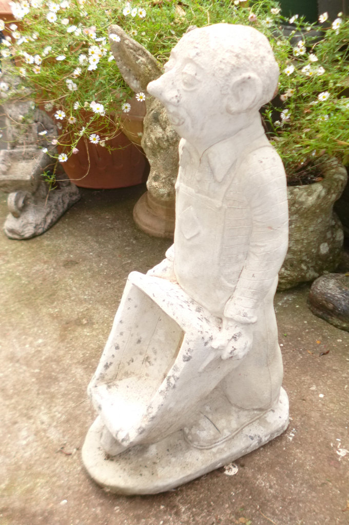 Vintage Stone Garden Ornament Big-Nosed Man with a Wheelbarrow