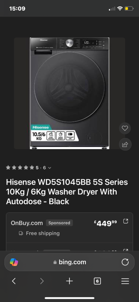 URGENT SALE Hisense washer/dryer 10/6kg
