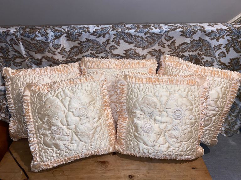Peach embroidered frill cushions x5