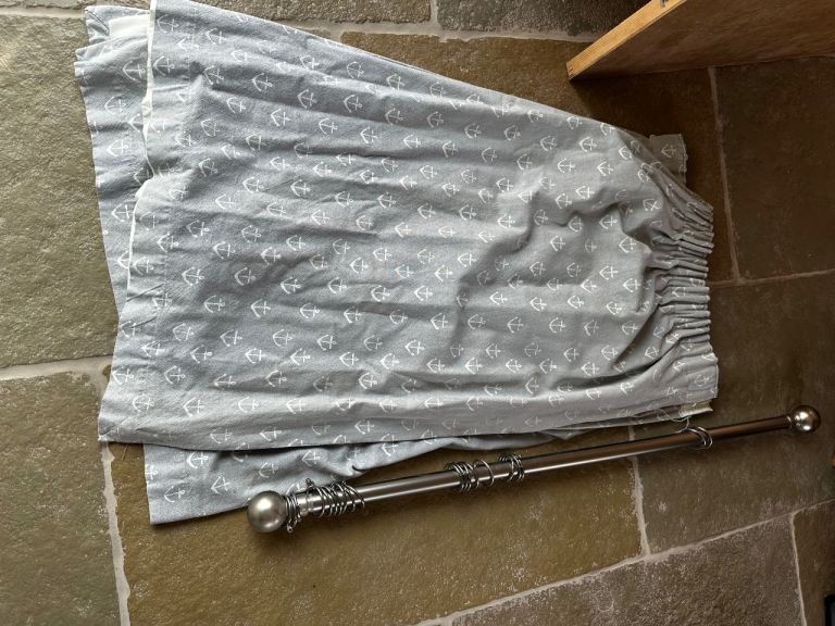 Grey Curtains with Anchor Pattern and Metal Pole