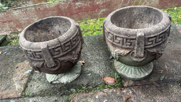 Pair Of Vintage Cast Stone Urn Planter Pot Greek Key Grapes - Weathered & Worn