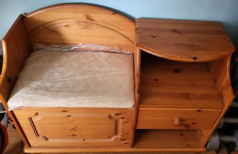 Pine Wood Storage Bench with Cushioned Seat and Drawer