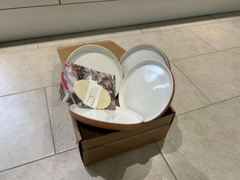 4 x “Our Place” white speckled desert plates terracotta base NEW