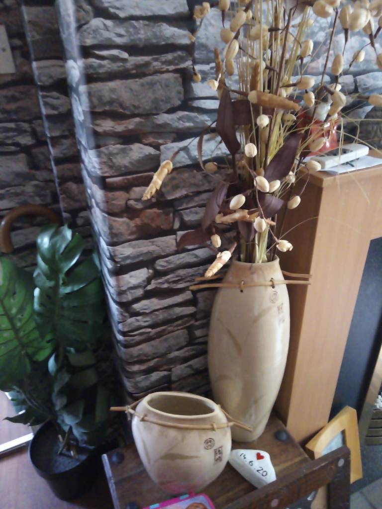 Pair of Ceramic Vases with Rattan Detail – Good Condition