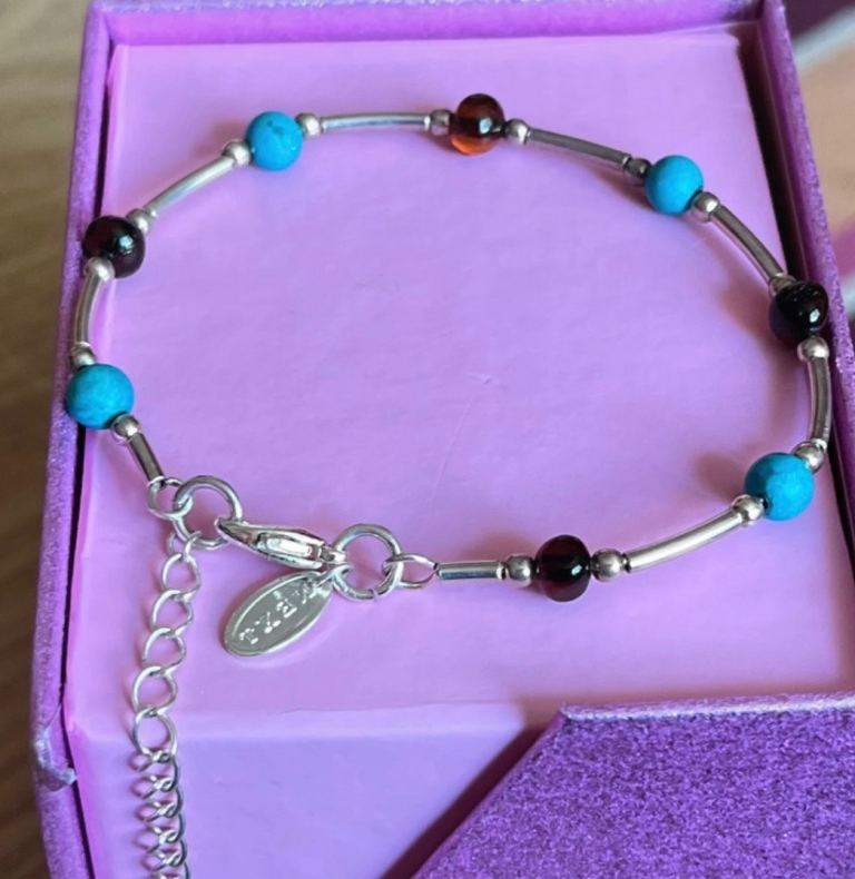 Beautiful Silver Bracelet with Turquoise & Amber Beads - NEW