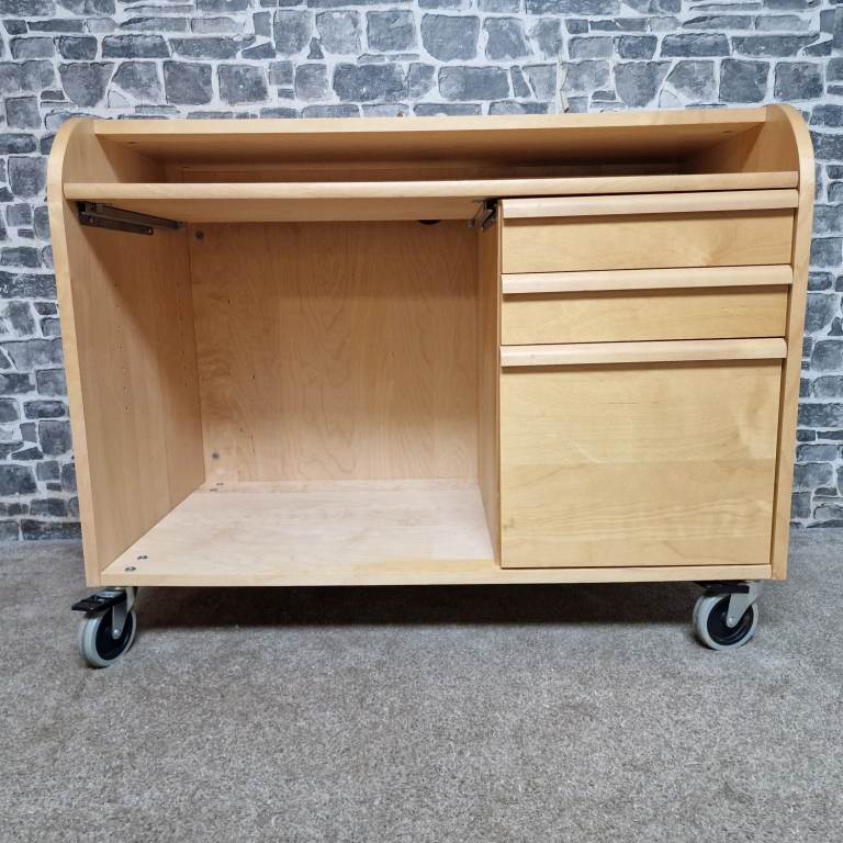 Solid Light Wood Mobile Desk / Workstation with Drawers on Castors