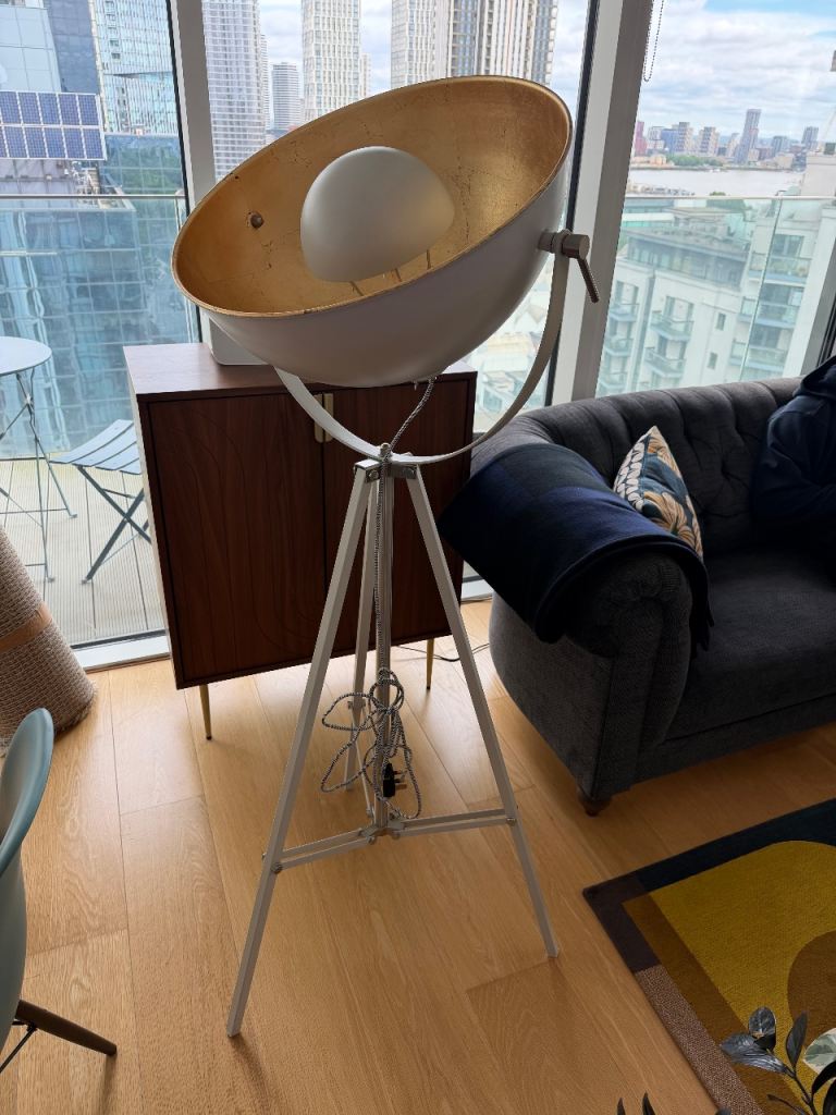 Made Chicago tripod floor lamp — gold interior, adjustable height and angle