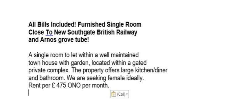 All Bills Included! Furnished Single Room  Close To New Southgate British Railway/Arnos grove tube!