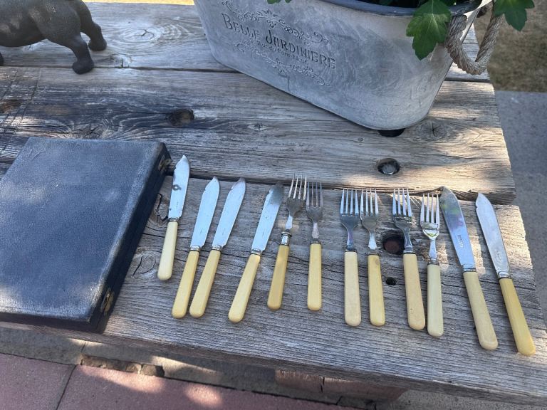 Vintage Cutlery Set with Case – Cream Handles, Good Condition