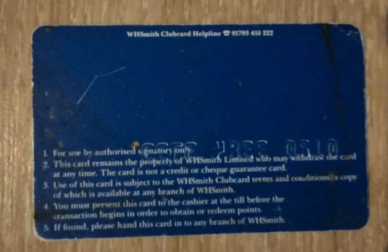 WHSmith club card wh smith points card 90s retro collector's item