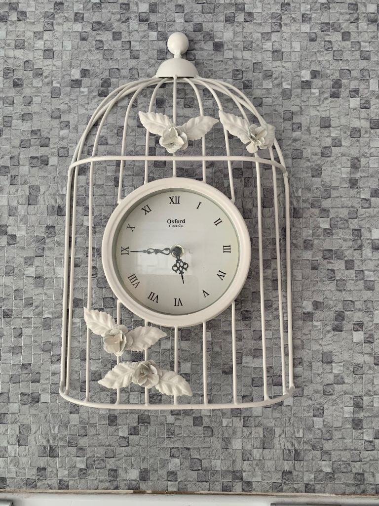 White Metal Birdcage Wall Clock - Good Condition