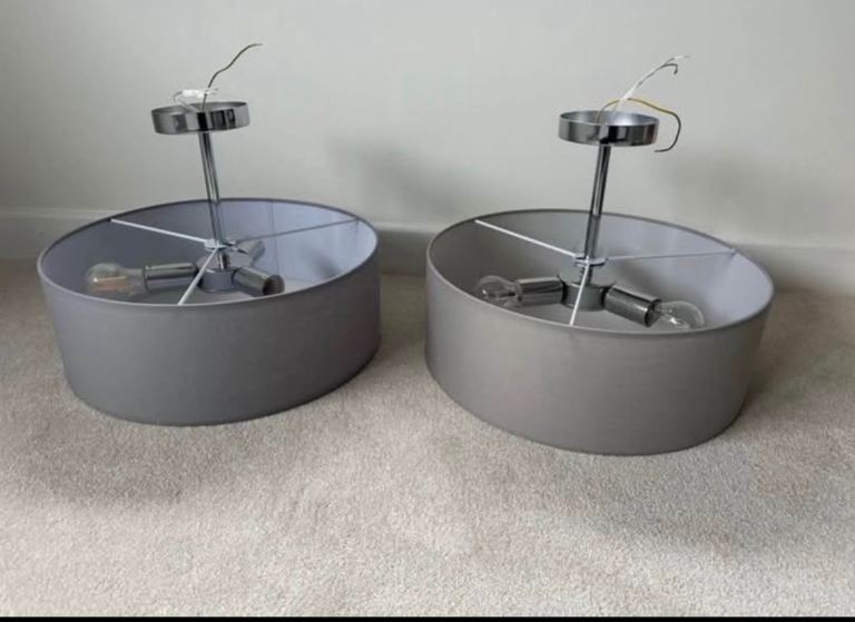 Pair of Dark Grey Drum Pendant Ceiling Lights