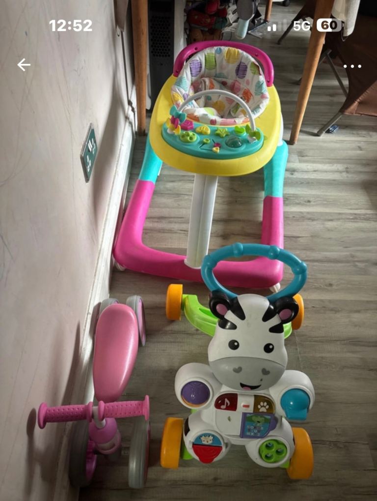 Baby Walker, Zebra Toy Walker & Pink Trike – Good Condition