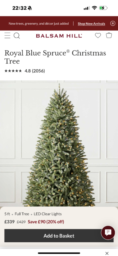 Balsam Hill Royal Blue Spruce 5ft Christmas Tree with LED Lights