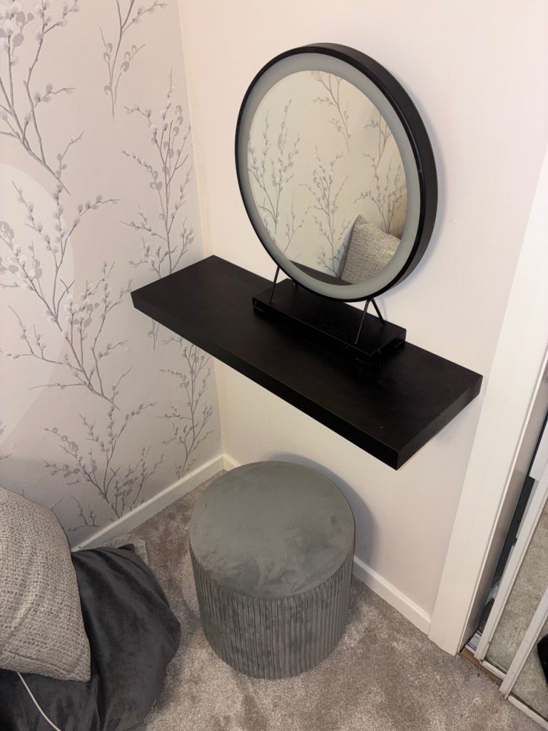 Dressing table grey ottoman stool and led mirror set up