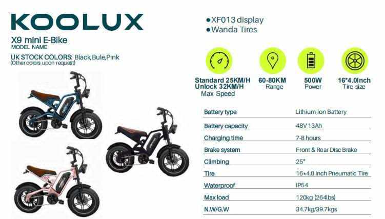 Koolux X9 Mini E-Bike - Black, Blue, or Pink Available