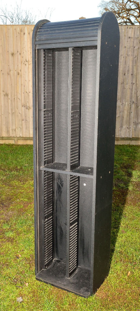 Large Black Wooden Free Standing CD Storage Tower, shutter cover, 160 CDs / DVDs