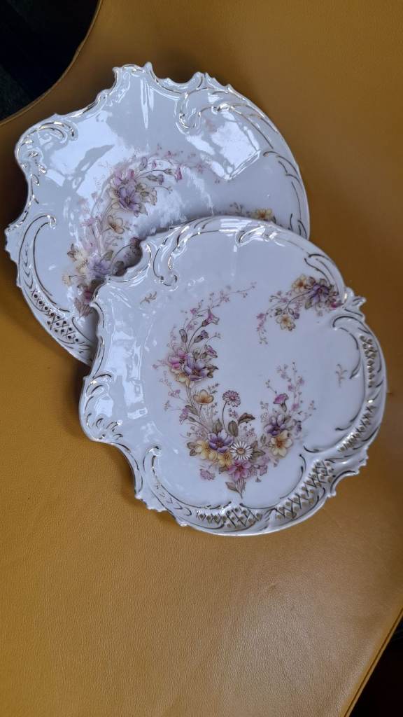 Two Ornate Floral Serving Trays – White, gold and flowers