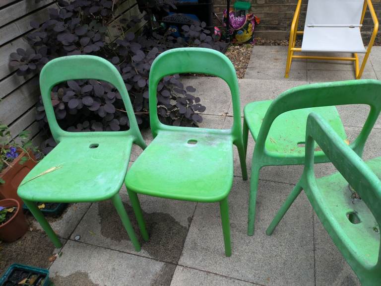 Green Plastic Garden Chairs – Set of 5, Fair Condition