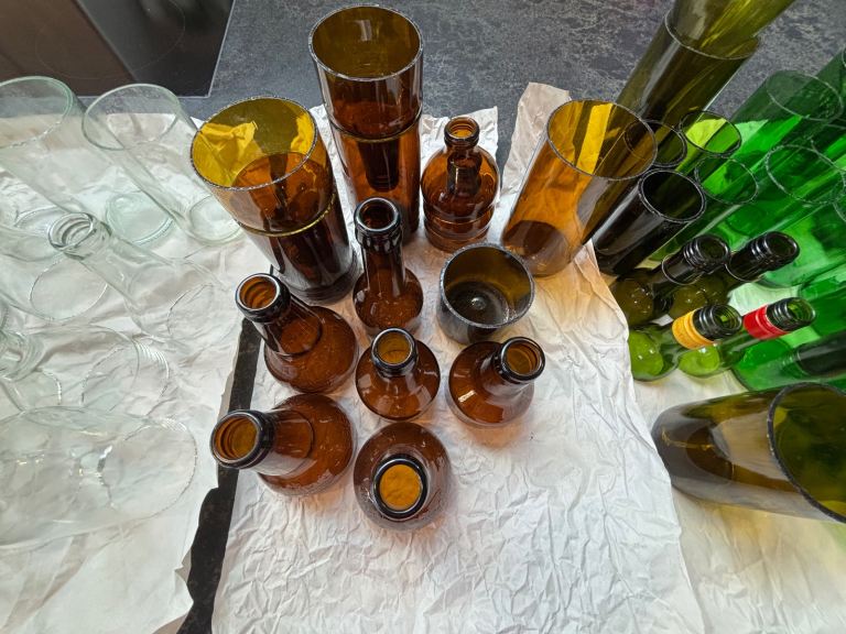 Selection of Cut Glass Bottles Bottoms & Tops - Storage / Self Watering Planters etc.