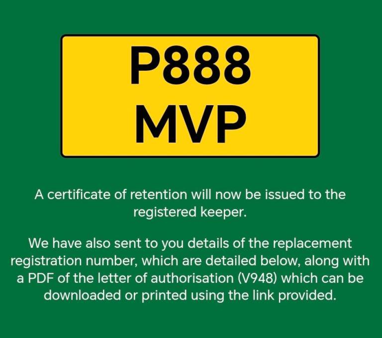 Private registration, private plate, personalised number plate MOST VALUABLE PLAYER P888MVP
