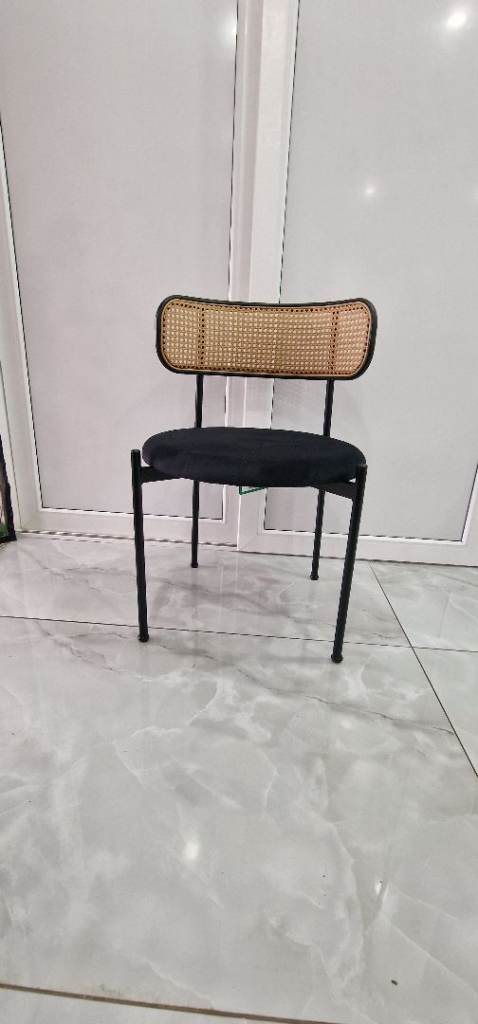 Set of 4 Modern Velvet Dining Chairs with Natural Rattan Backrest Black 