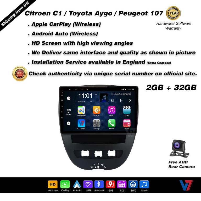 Toyota Aygo Citroen C1  Peugeot 107 CARPLAY Android Auto HD Screen Head Unit GPS Stereo LCD Panel V7