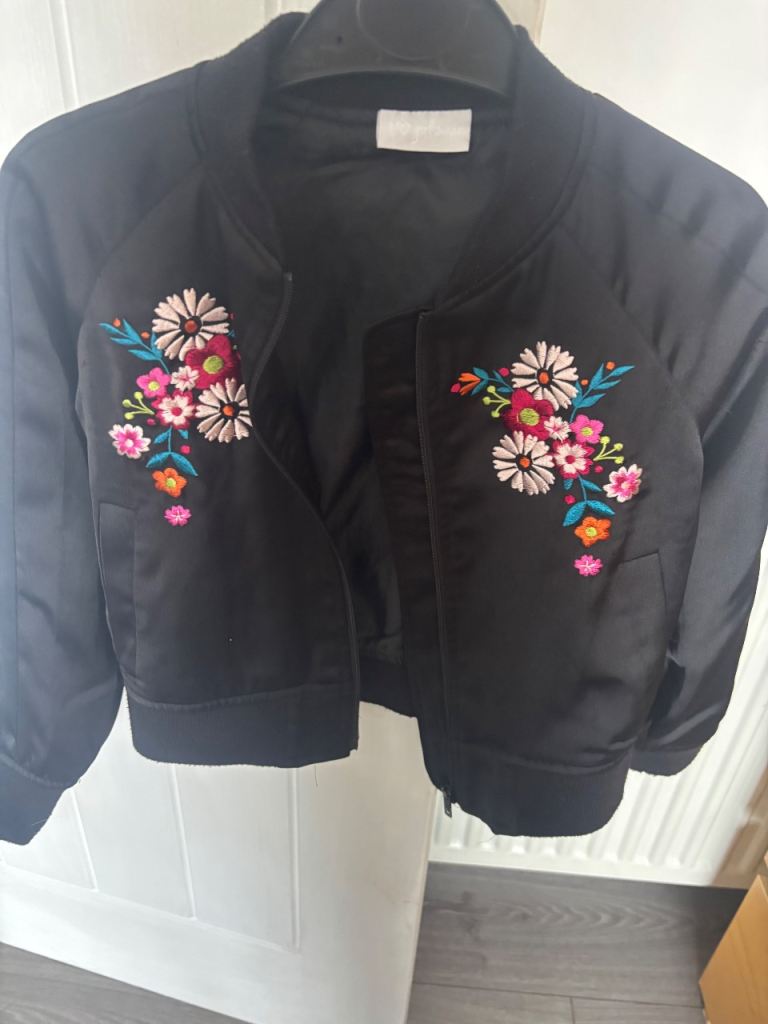 I Love girls wear Black Bomber Jacket with Floral Embroidery