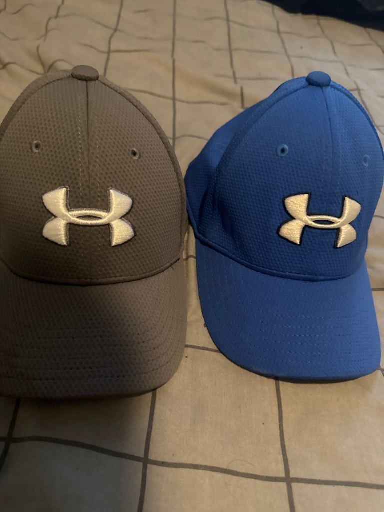 Two Under Armour Baseball Caps – Grey & Blue, Kids XS