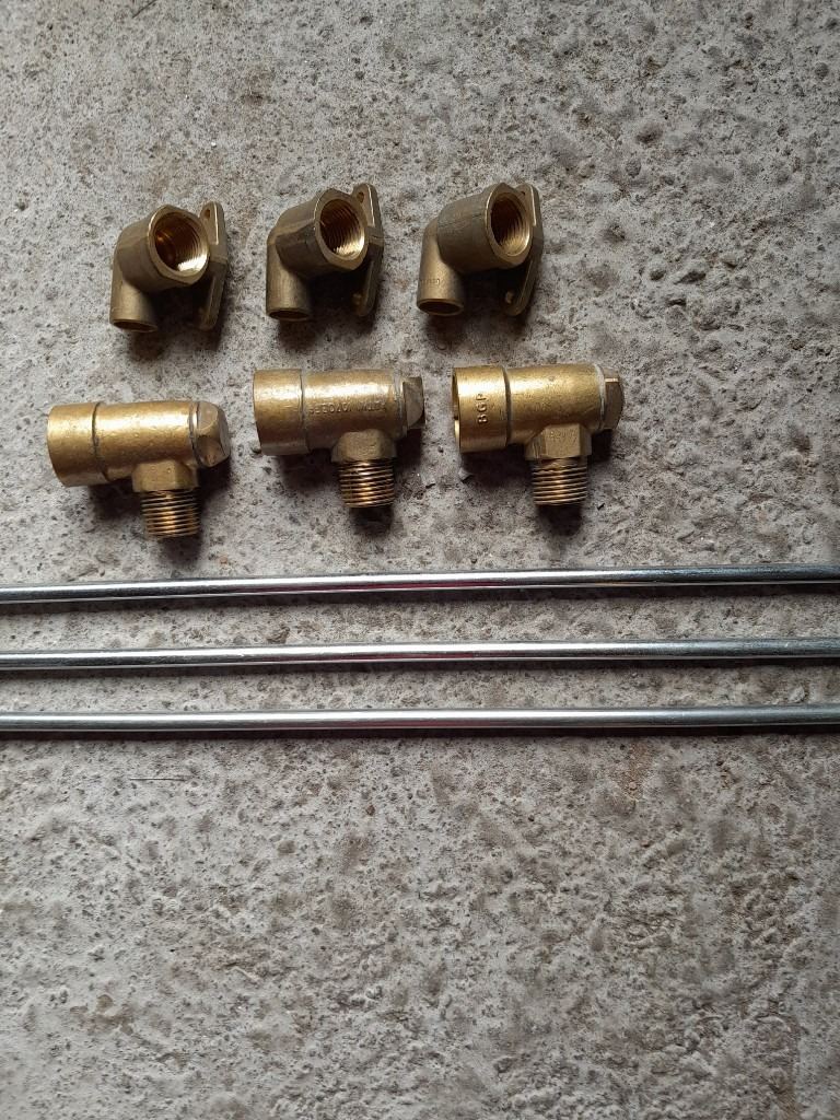  3 Gas Cooker Bayonets c/w Backplates and 3 x 8mm Chrome  Gas Fire Pipes, all new, unused