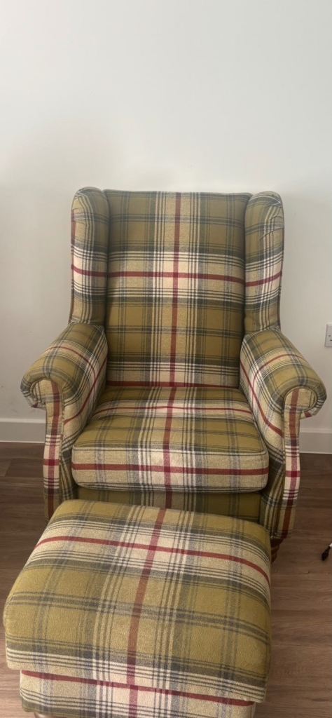 Wingback Armchair with Footstool – Plaid Fabric, Good Condition