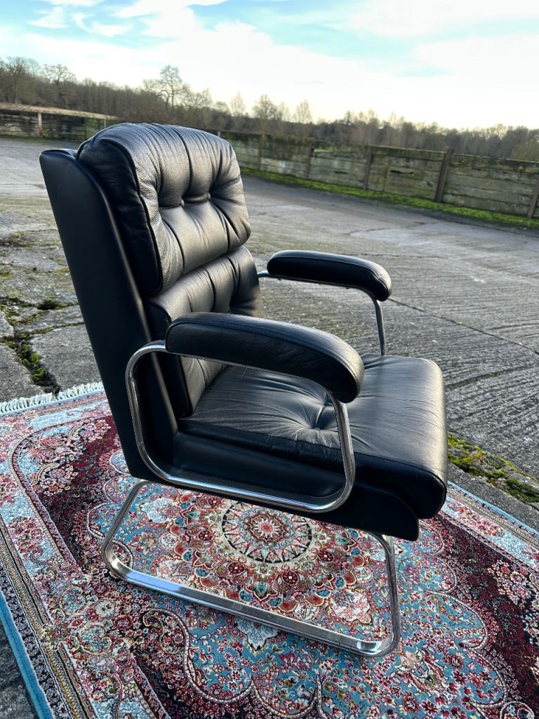 Vintage retro chrome black leather office desk chair mid century modern armchair 