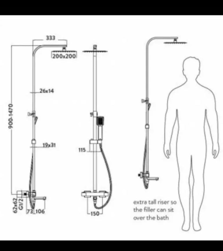Square Rigid Riser Shower  Thermostatic Shower Kit with Bath Filler Spout In One
