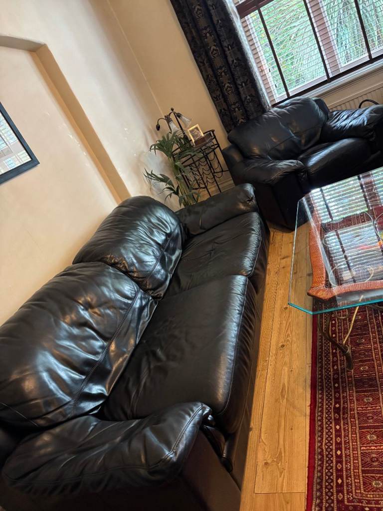 Black Leather Sofa and Armchair Set – Good Condition