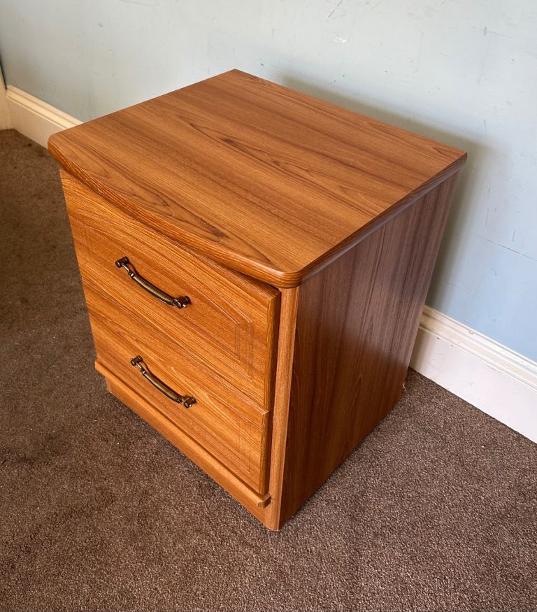 1 Wooden Bedside 2 Drawers Brass Handles Curved Edge H22.5in/57cm W18.5in/47cm D17in/43cm