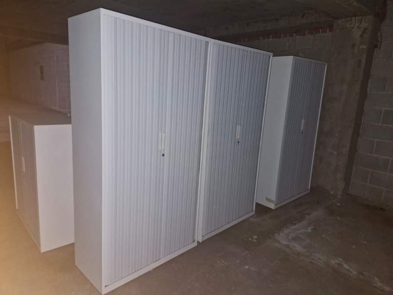 Light grey tall Tambour cupboards file cabinets (10 available)