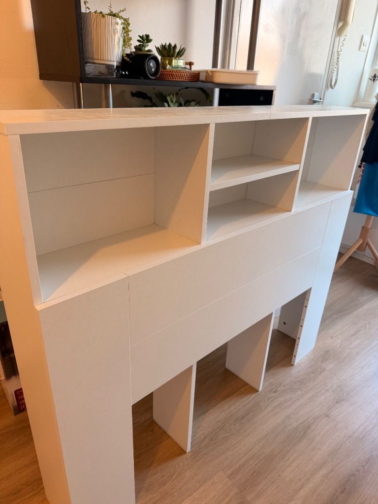 White Wooden Headboard with Integrated Storage Shelves