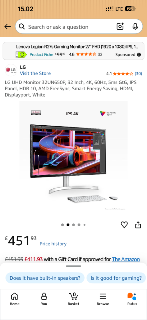 LG 32UN650P 32-inch 4K UHD Monitor - Excellent Condition 