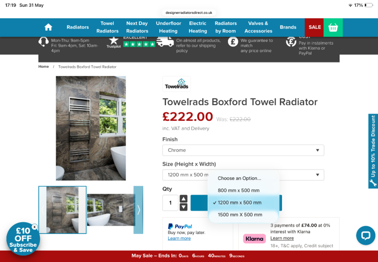 Designer Heated TOWELRADS BOXFORD towel Rail / Radiator Chrome 1200 x 500 New in Sealed Packaging.