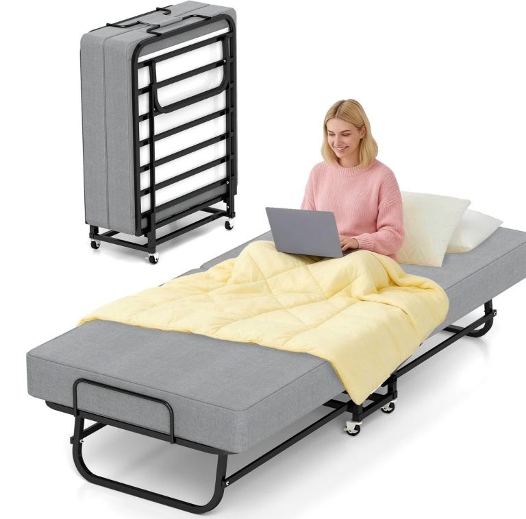 Grey Metal Fold-Away Single Guest Bed with Mattress